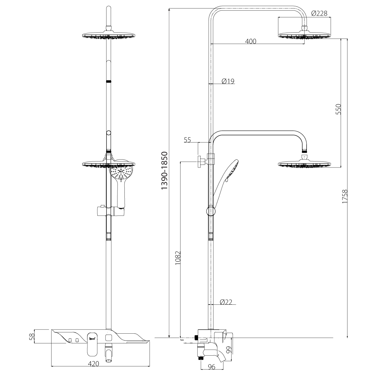 LM7003C Bath and shower faucet with adjustable rod height, swivel spout and «Tropical rain» shower head