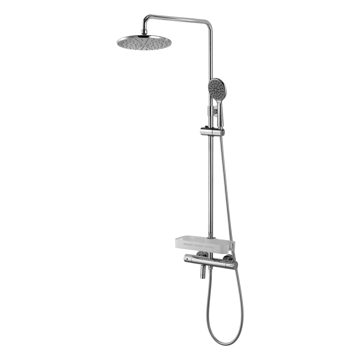 LM7010C Thermostatic bath and shower faucet with adjustable rod height, swivel spout and «Tropical rain» shower head