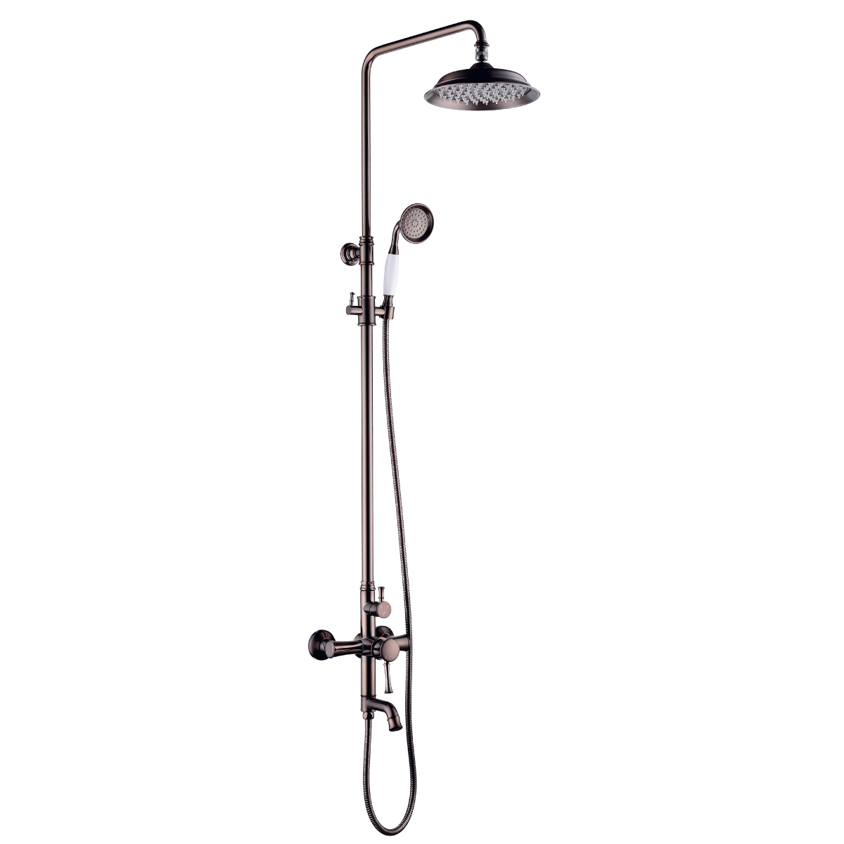 LM6362RB Bath and shower faucet with adjustable rod height, swivel spout and «Tropical rain» shower head