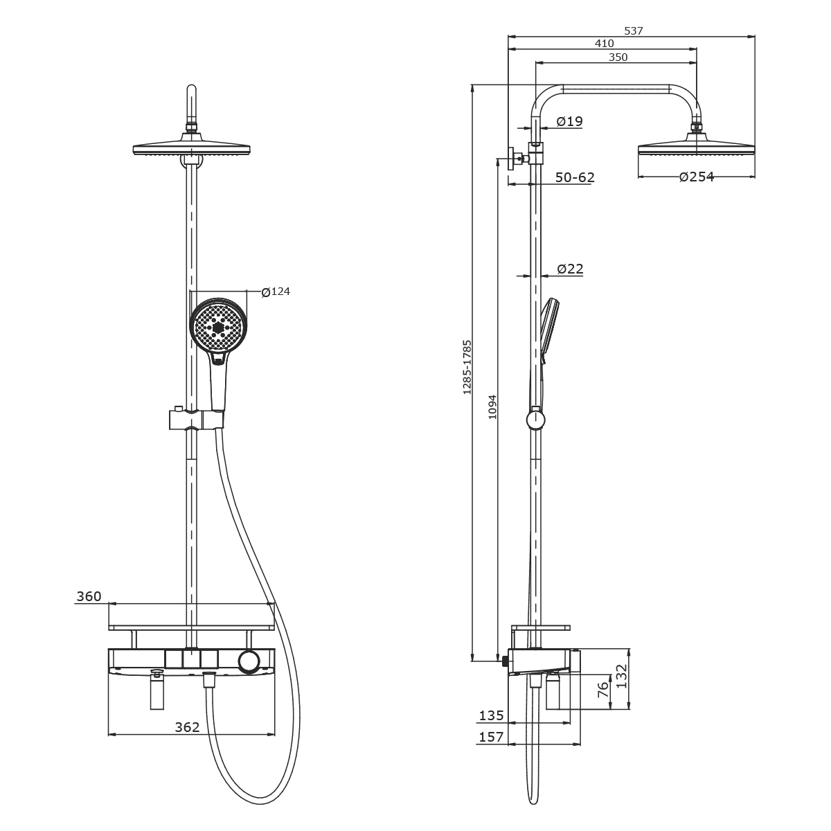 LM7011C Thermostatic bath and shower faucet with adjustable rod height, swivel spout and «Tropical rain» shower head