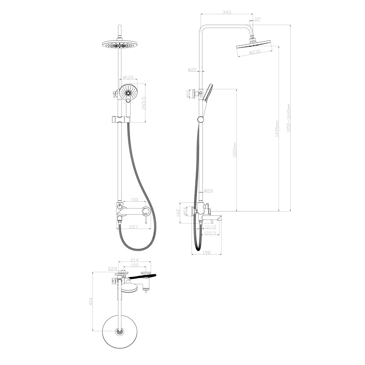 LM3862C Bath and shower faucet with adjustable rod height, swivel spout and «Tropical rain» shower head